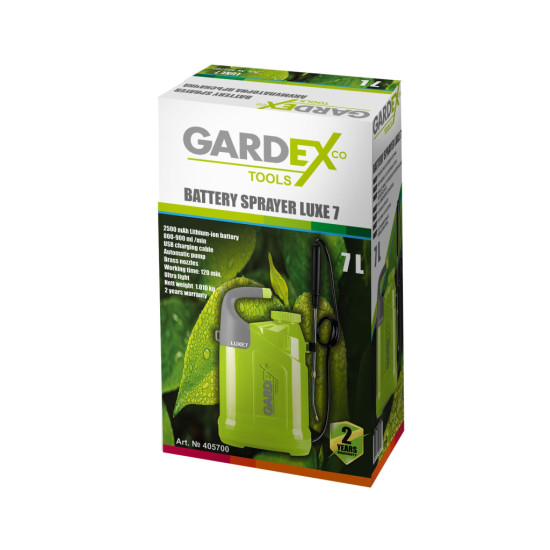Акумулаторна пръскачка GARDEX LUXE7, 5 V, 2.5 Ah, 0.25 Mpa, 7 л, с батерия и зарядно