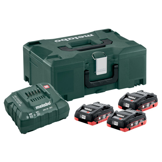 Комплект акумулаторни батерии и зарядно Metabo, 3 x LiHD 18 V/4.0 Ah, Charger ASC 30-36, в куфар